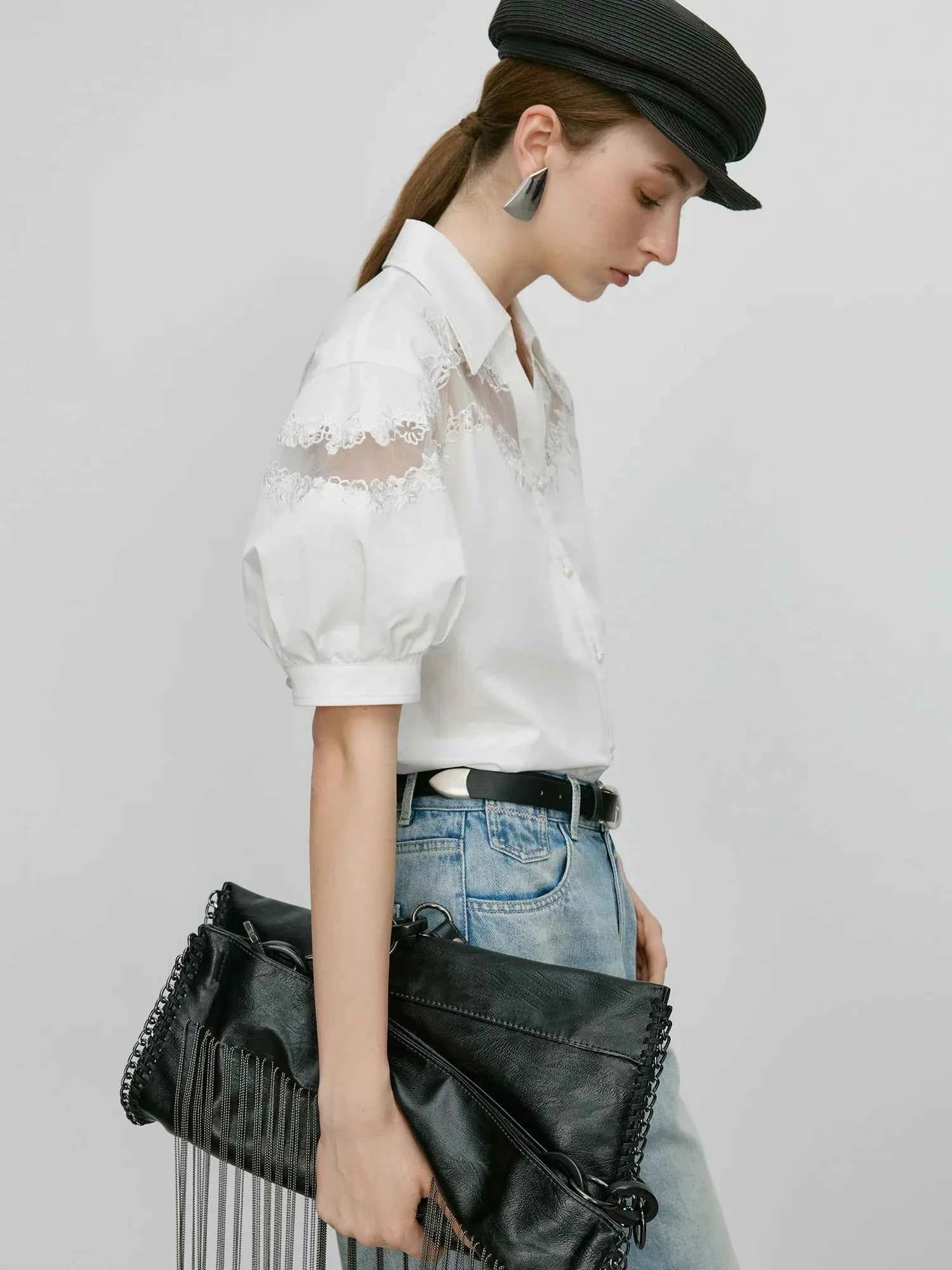 Classic Luxurious Sheer Lace Summer Blouse Shirt