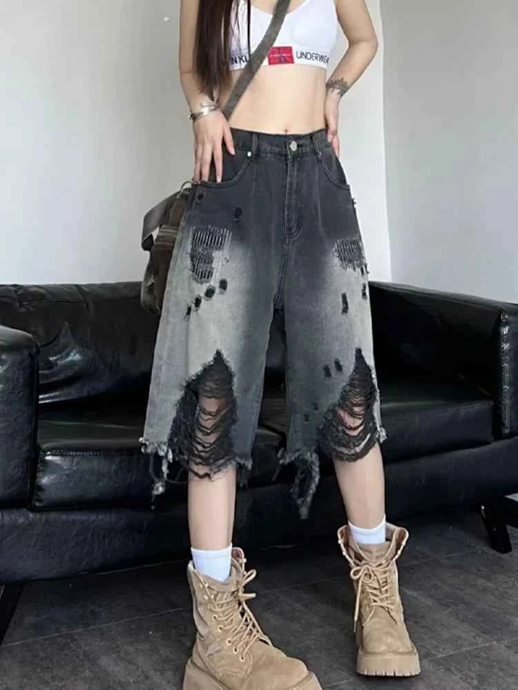 Women American Style Retro Gradient Denim Jorts