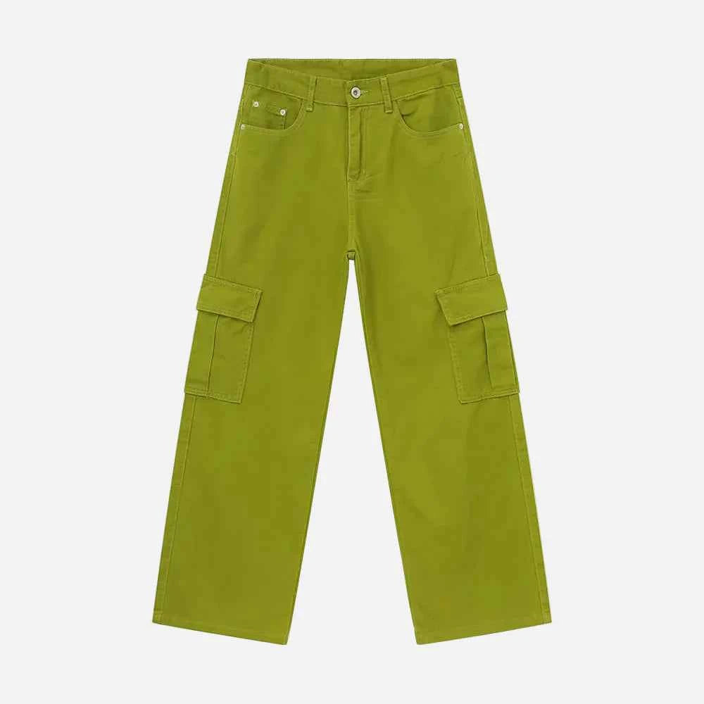 Trendy Solid Color Washed Denim Cargo Jeans