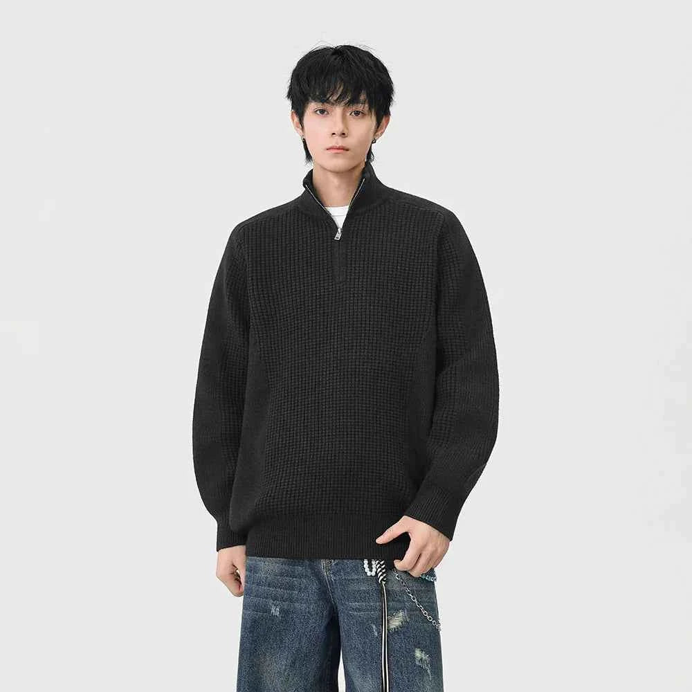 Cozy Mock Neck Half Zipper Waffle Knit Sweater