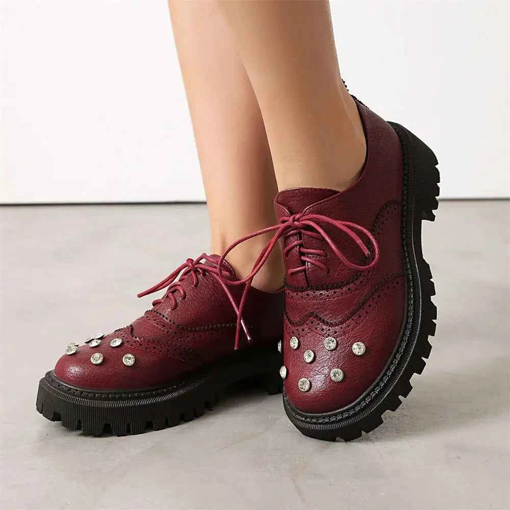 Vintage Rhinestone Brogue Lace-Up Chunky Heels Shoes