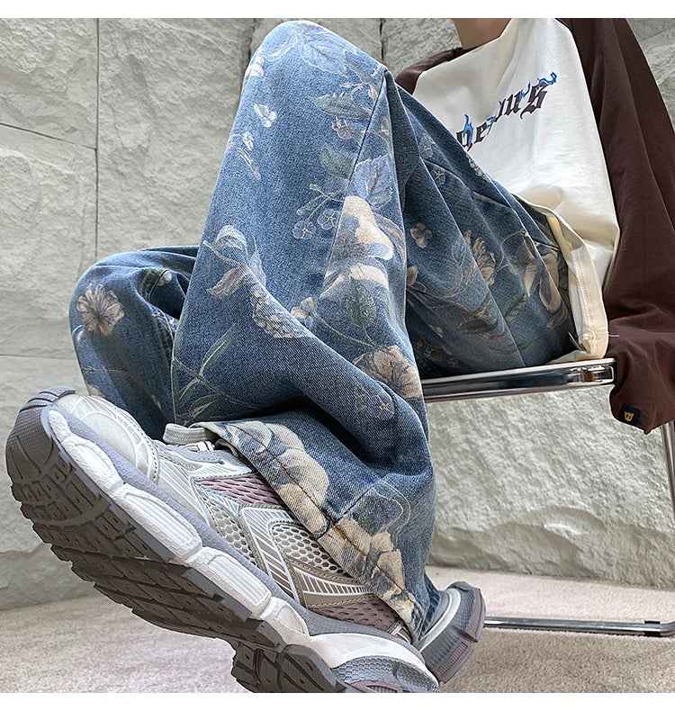 Cool Trendy Floral Printed Loose Fit Denim Jeans