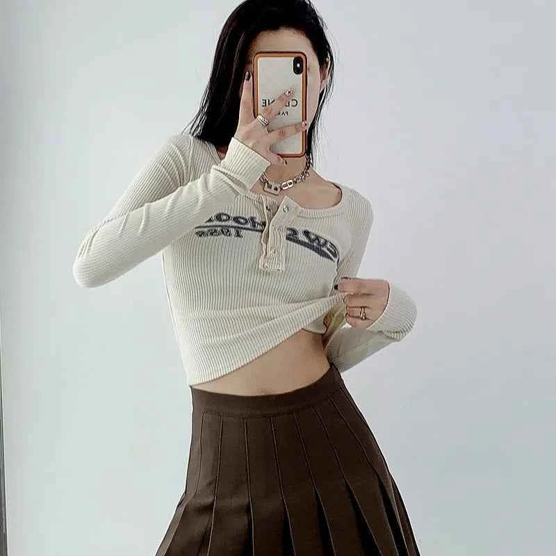 Vintage Letter Print Ribbed Crop T-Shirt