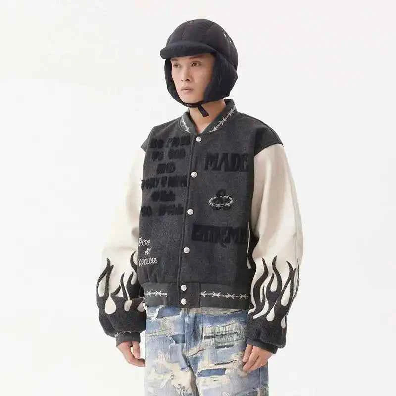 Flame Mixed Knit Embroidery Colorblock Jacket