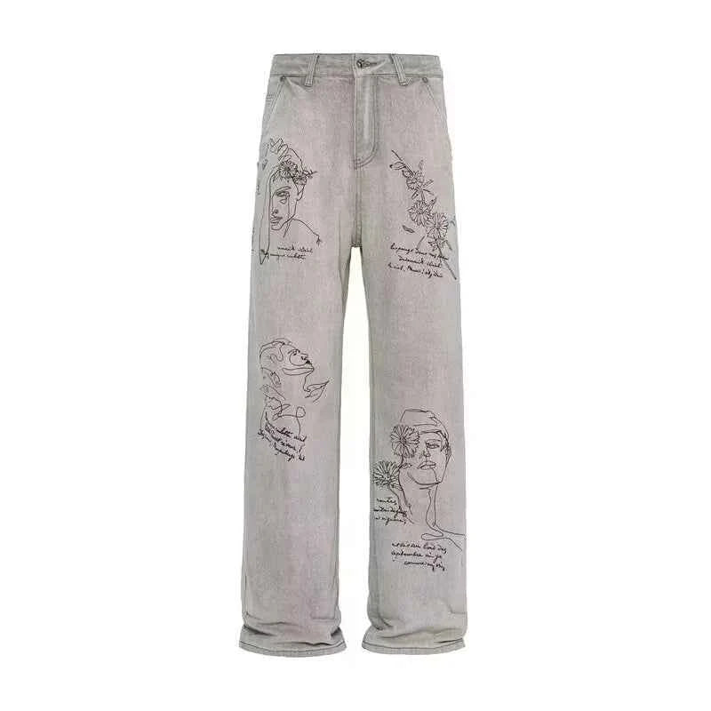 Distressed American Retro Graffiti Graphic Denim Jeans