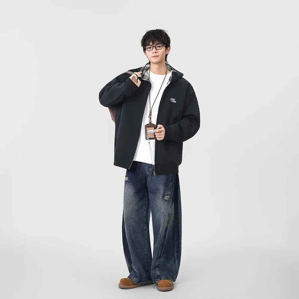 Y2K Warm Plaid Lined Zip-Up Hooded Sweatshirt