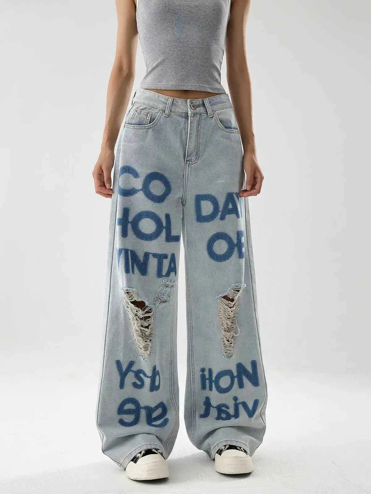 American Style Oversize Ripped Printed Blue Denim Jeans