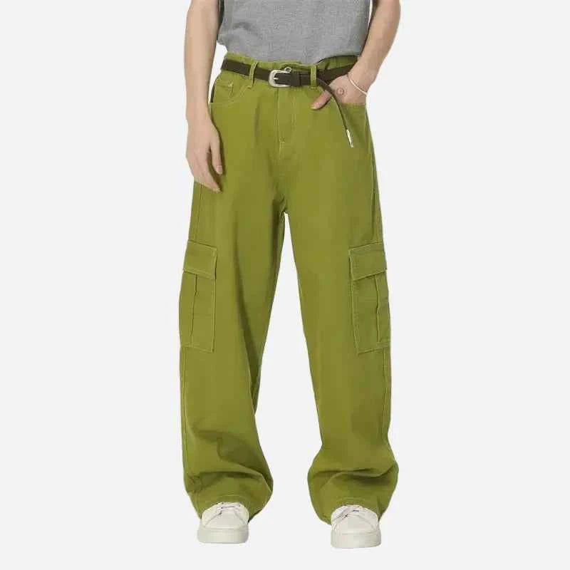 Trendy Solid Color Washed Denim Cargo Jeans