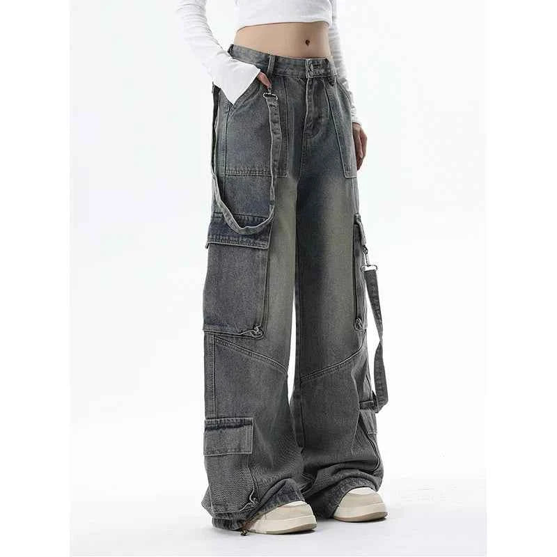 Women Gray High Waist Wide Leg Blue Baggy Jeans