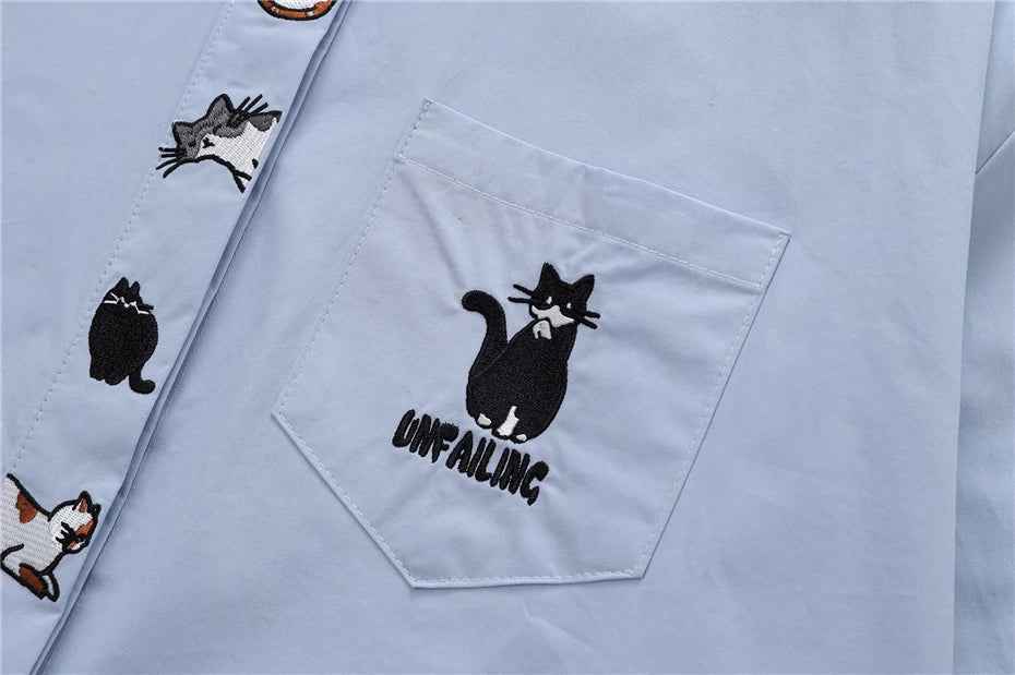 Premium Cats Embroidery Loose Long Sleeve Shirt