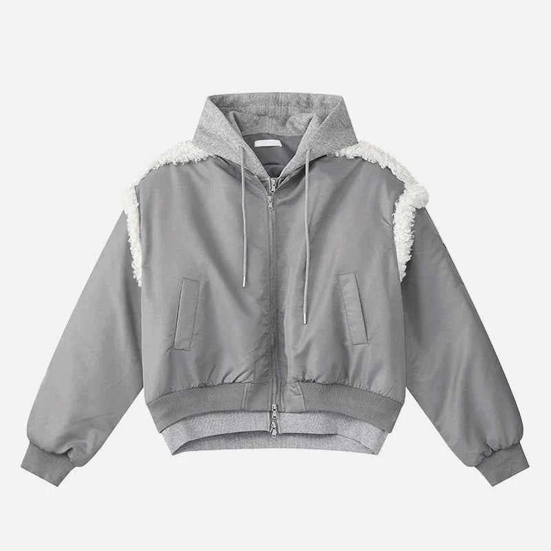 Stylish Patchwork Frayed Hooded Baseball Jacket