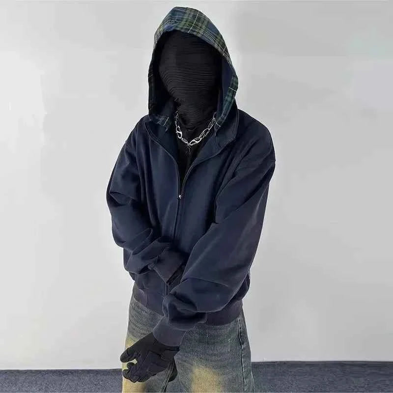 Vintage Streetwear Plaid Zipper Cool Hooded Sweatshirt