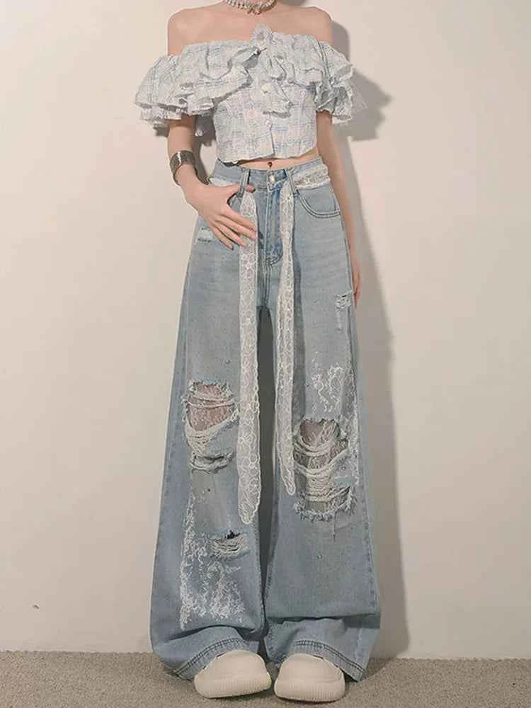 Women High Waist Ripped Lace Patchwork Jeans