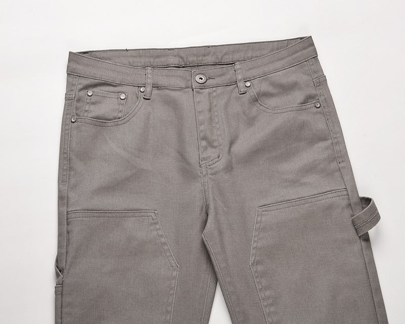 Solid Color Multi Pockets Denim Pants
