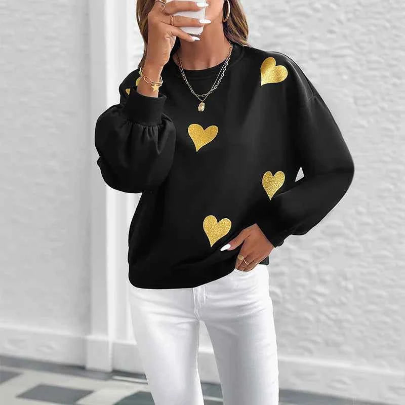 Women Cozy Heart Print Loose Sweatshirt