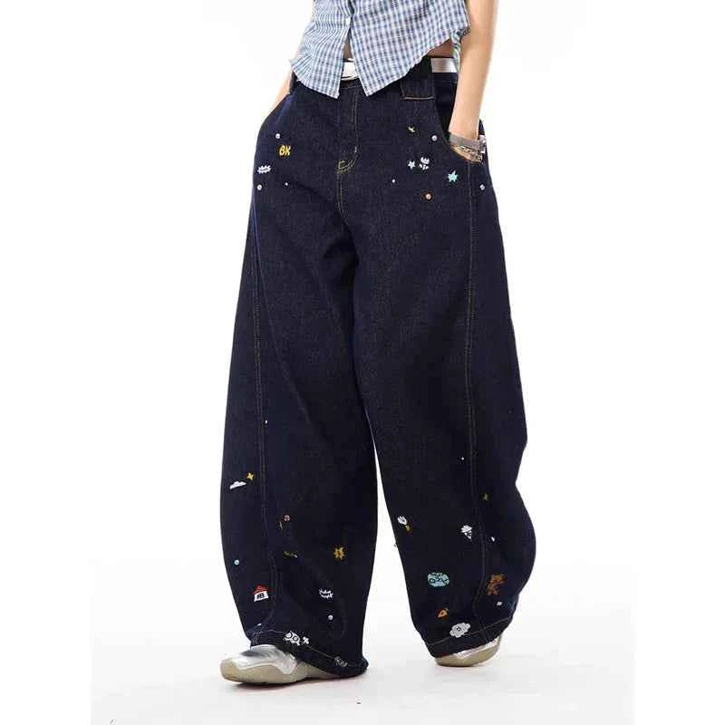 Comfortable Hip Hop Kpop Cartoon Print Wide Leg Jeans