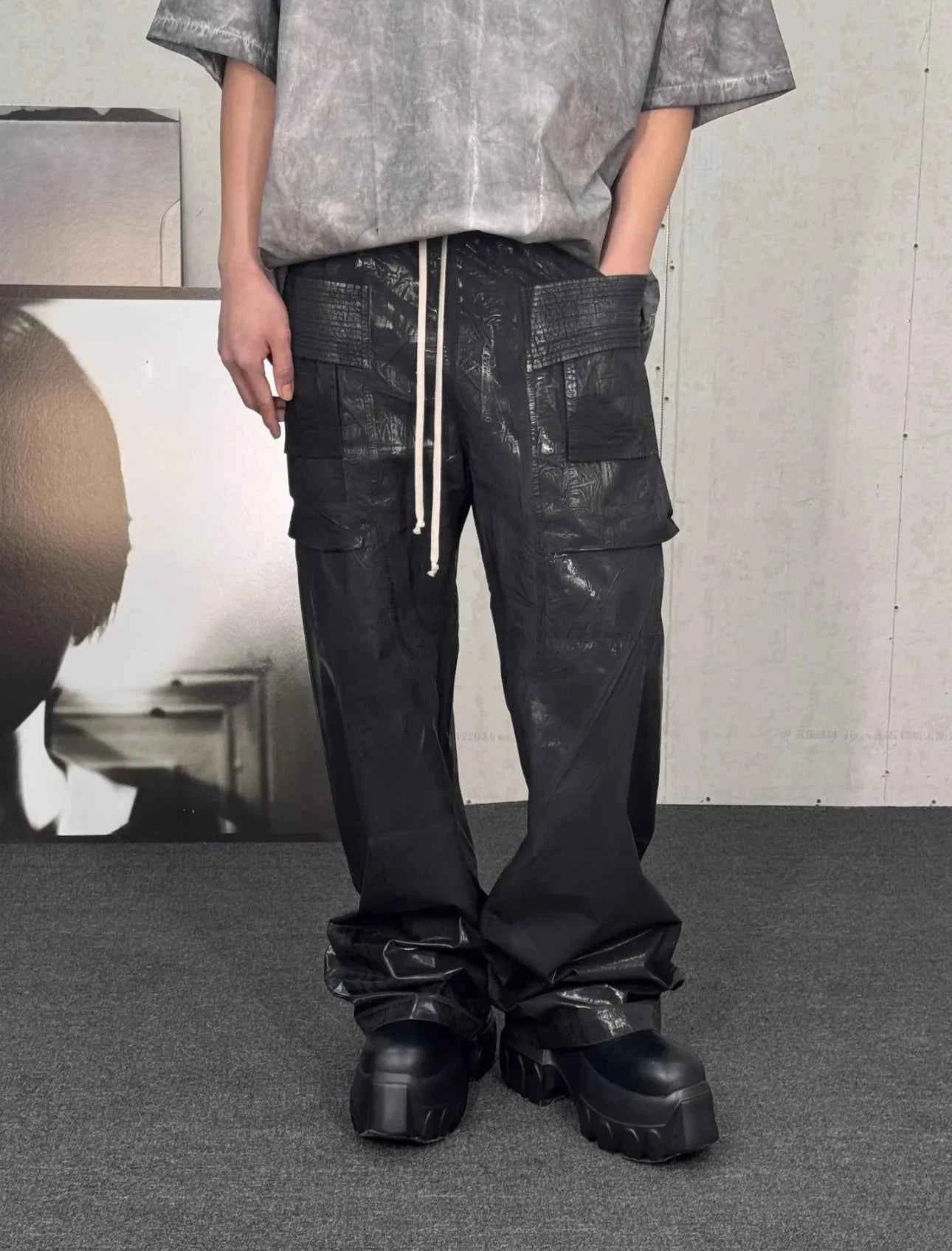 Streetwear Wide Leg Workwear Leather Cargo Pants