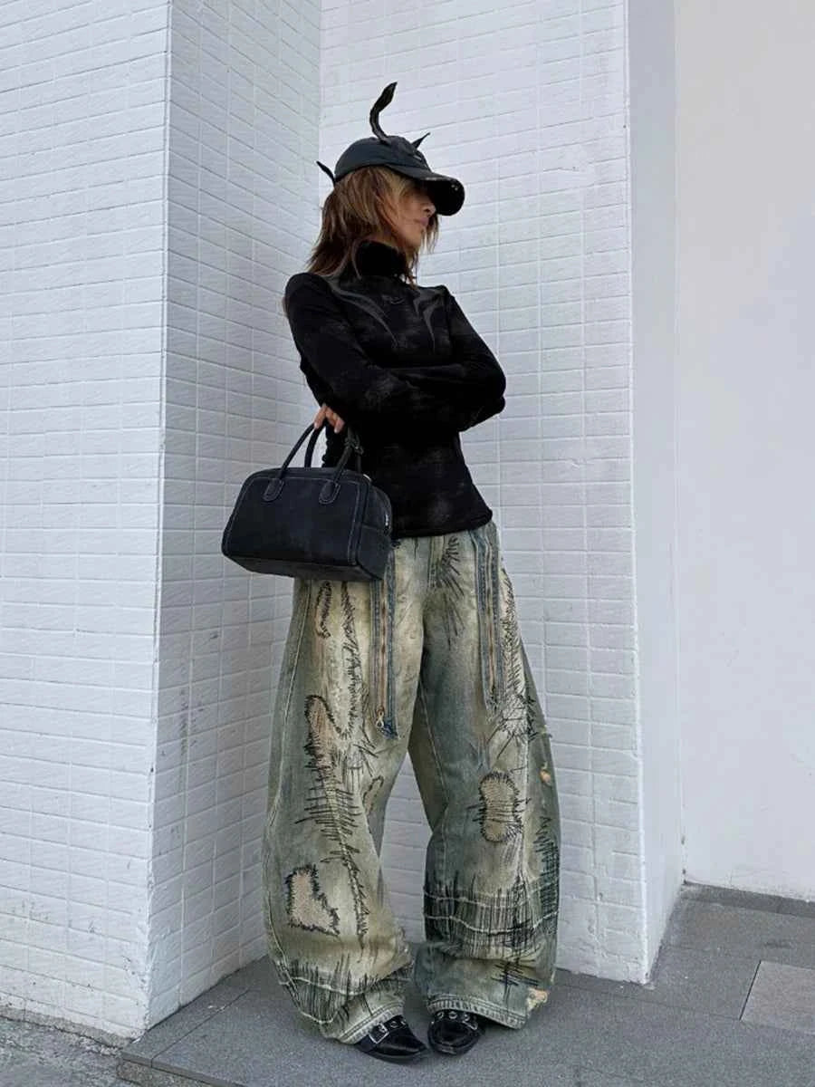 Boyfriend Vintage Embroidered Cool Baggy Jeans