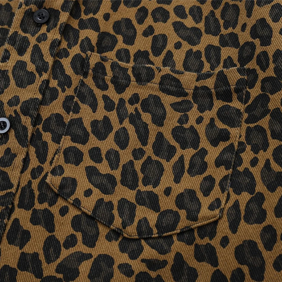Men Vintage Leopard Shirts Streetwear Harajuku Hip Hop Oversized Shirts Button Up Blouse Casual Loose Shirts