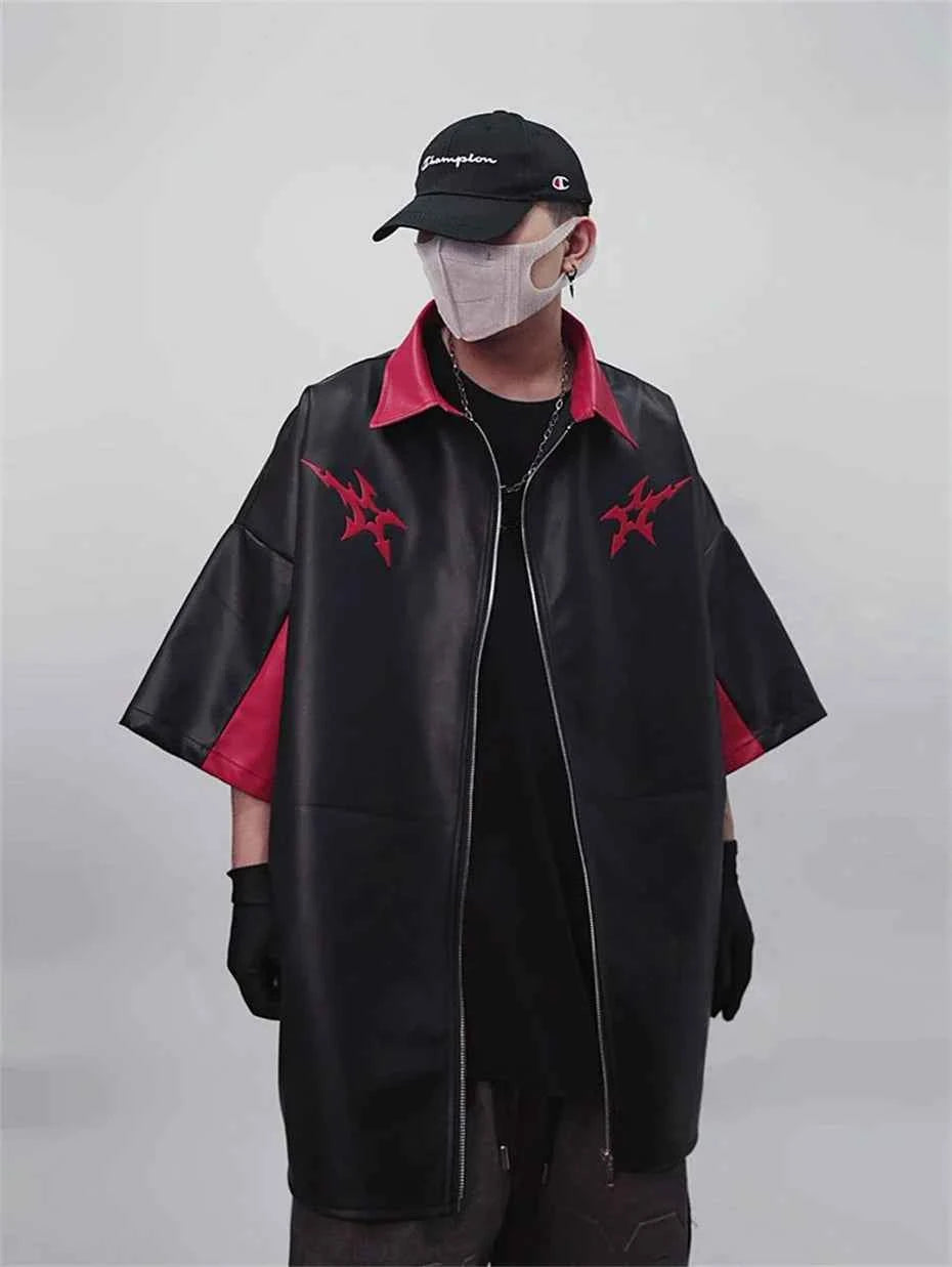Men's Punk Short Sleeve Zipper Print Leather Jacket