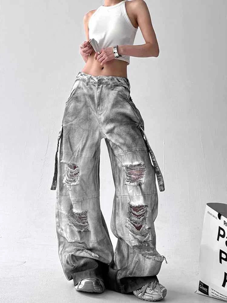 Y2K Streetwear High Waist Wide Leg Ripped Jeans