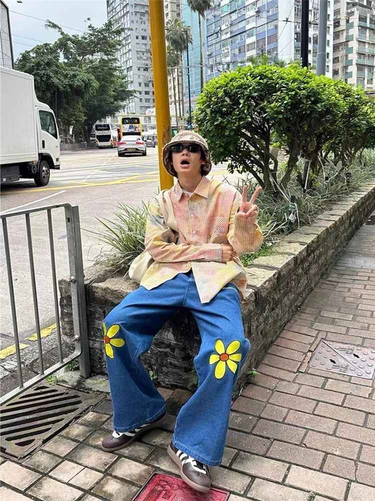 Effortless Blue Flower Daisy Wide Leg Denim Jeans