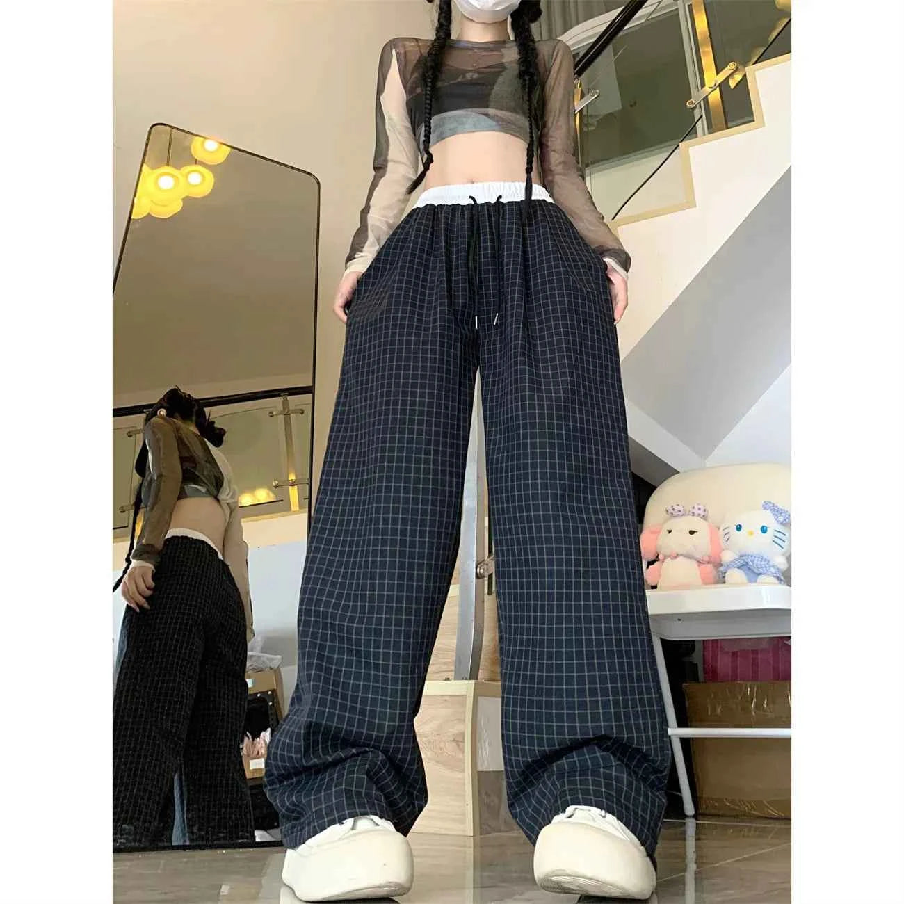 Minimal Street Fit Retro Plaid Wide Leg Sweatpants