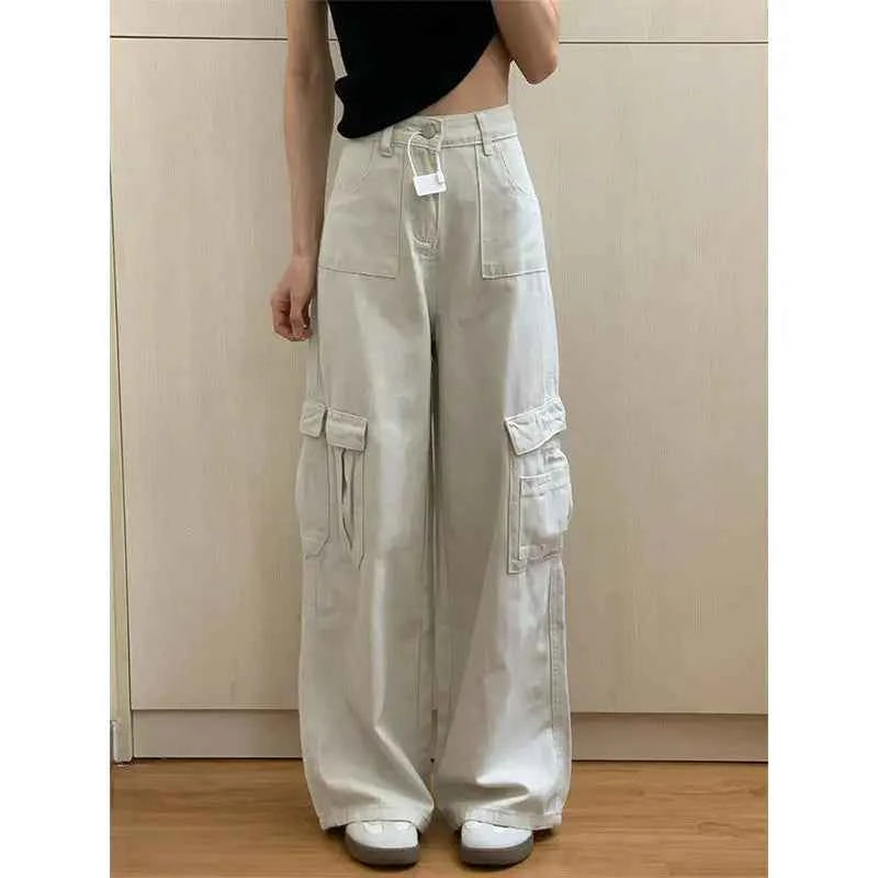 Cool Streetwear Beige High Waisted Cargo Jeans
