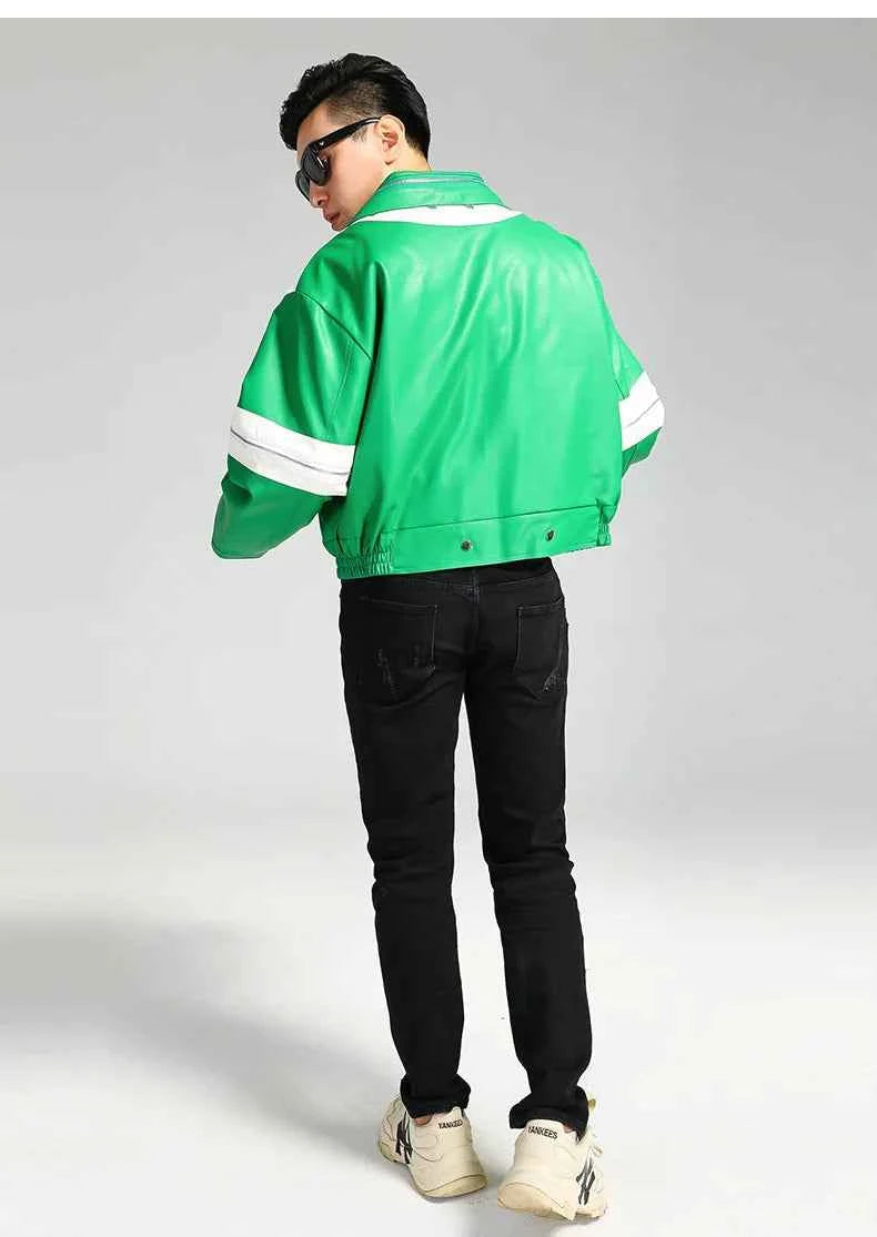 Cool Green Block Pu Leather Jacket