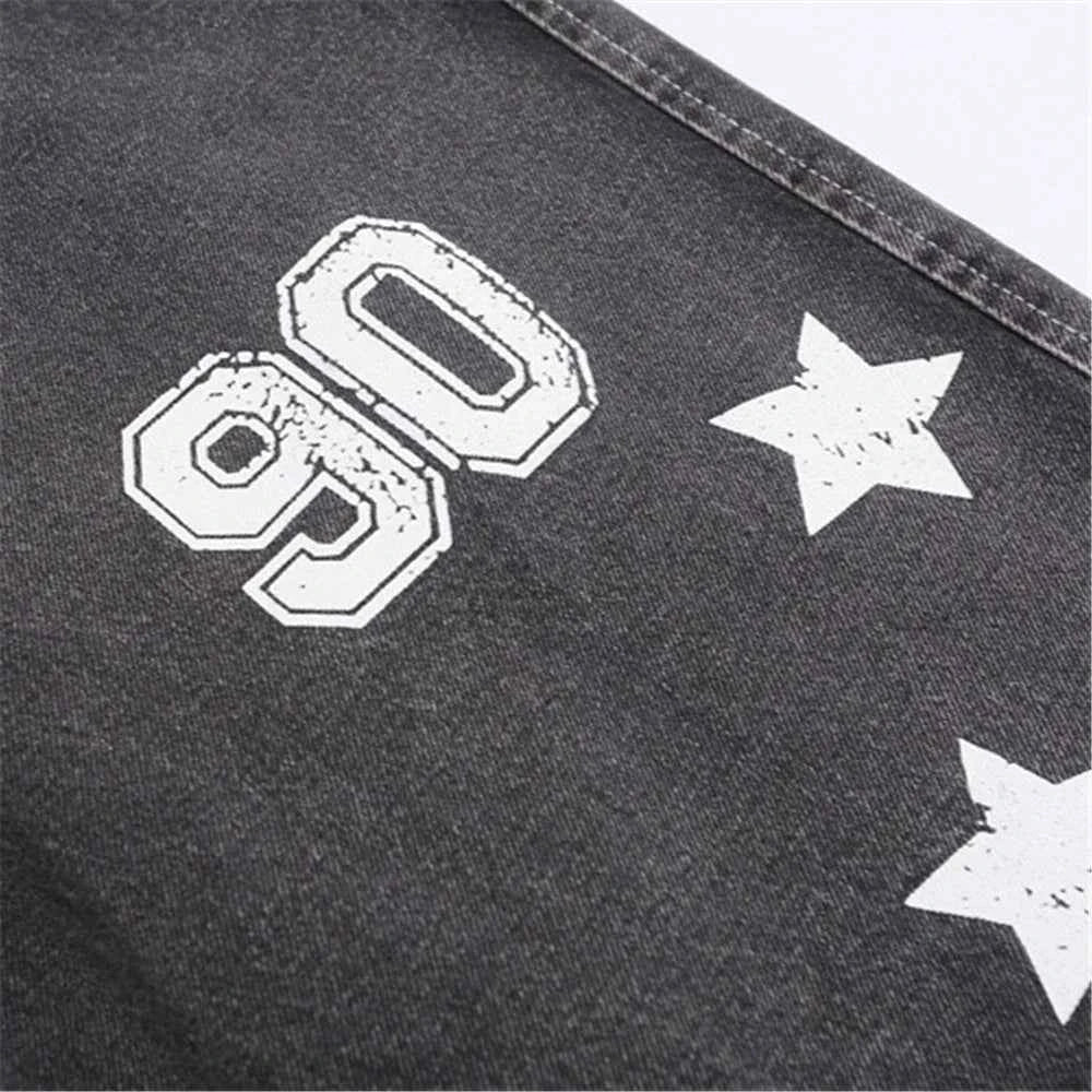 Summer Vintage Star Letter Printed Washed Denim Short