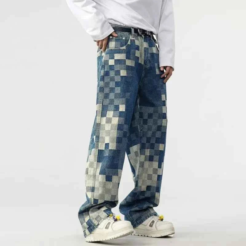 Vibrant Mosaic Checkerboard Printed Jeans