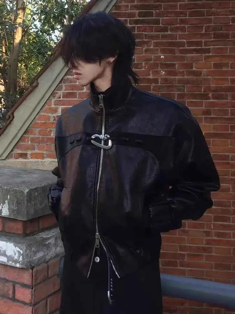 Black Stand Collar PU Leather Jacket