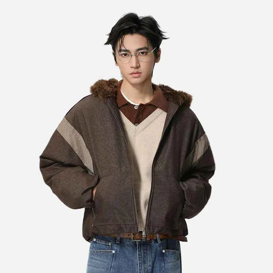 Y2K Versatile Patchwork Faux Fur Hooded Jacket