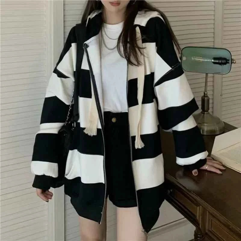 Stylish Korean Style Striped Loose Hooded Sweatshirt