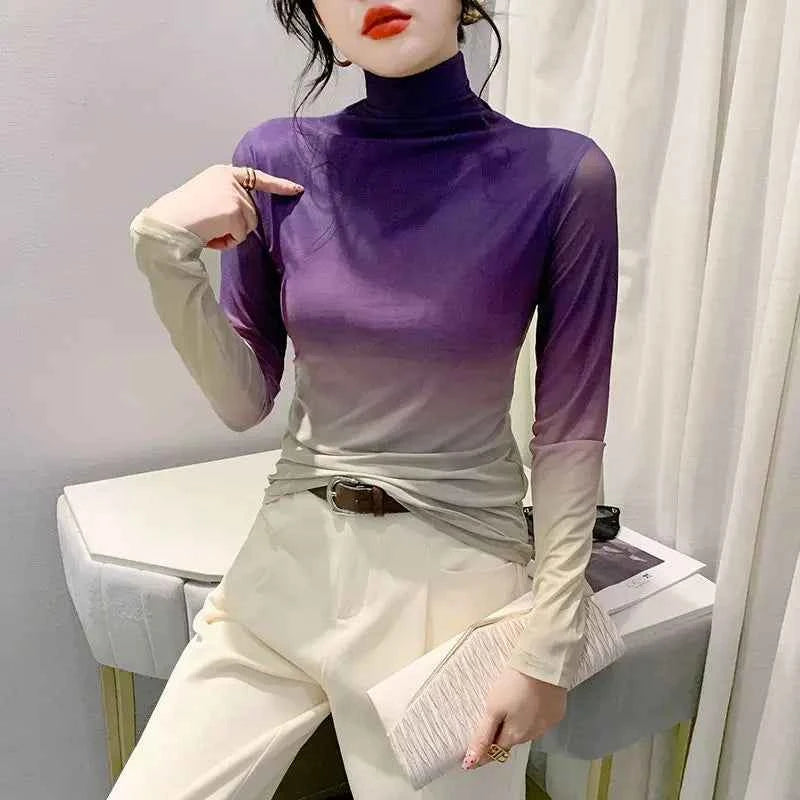 Chic Gradient Print Mesh Long T-Shirt