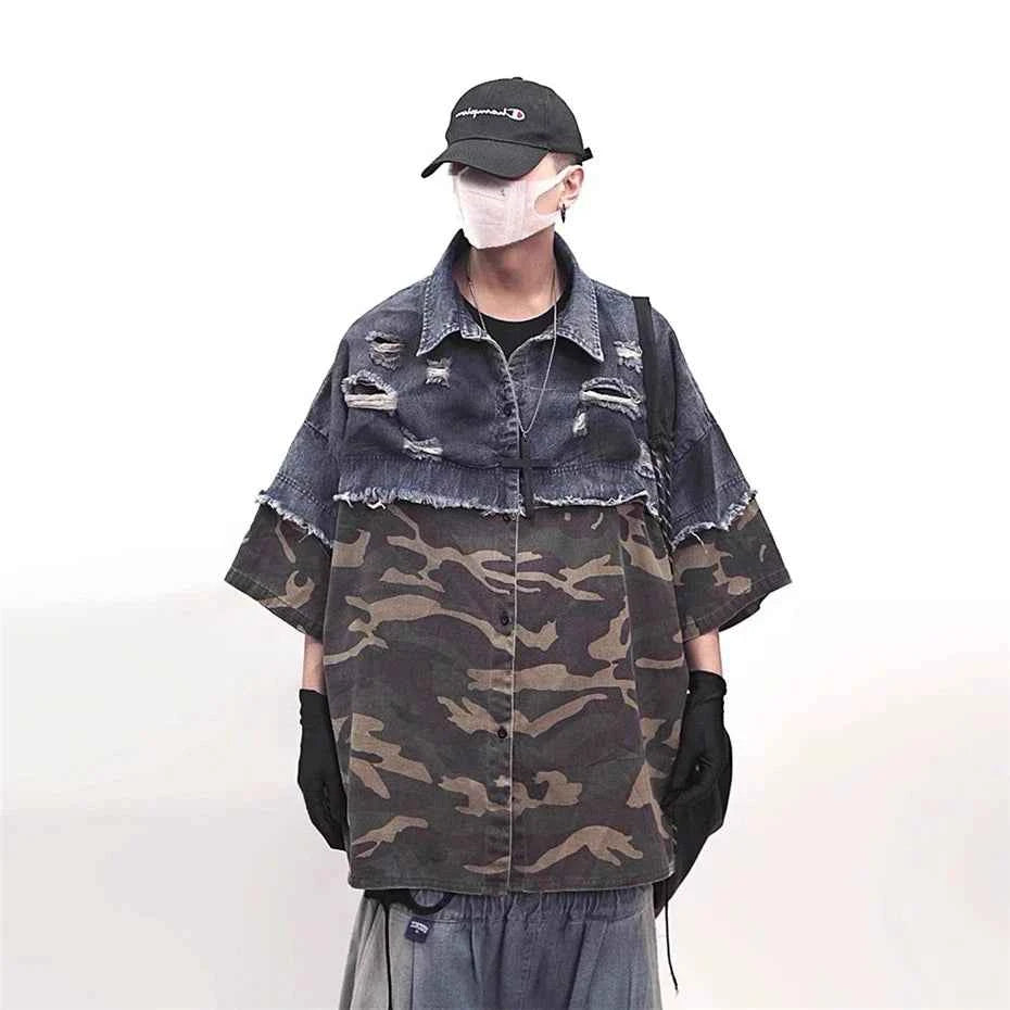 Vintage Camouflage Splicing Denim Shirt