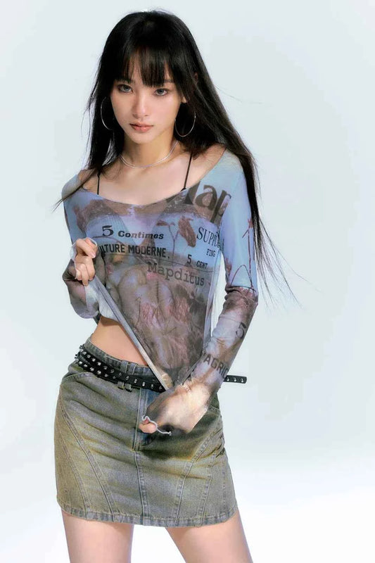 Sheer Mesh Letter Print Long T-Shirt