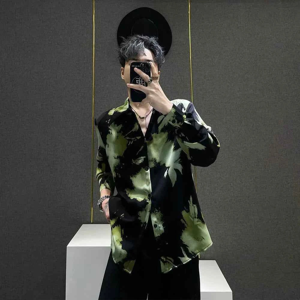 Green Contrast Print Long Sleeve Shoulder Shirt