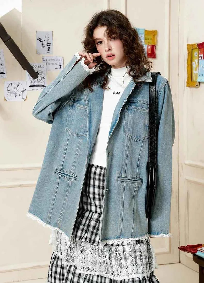 Lace Trim Oversized Denim Classic Jacket