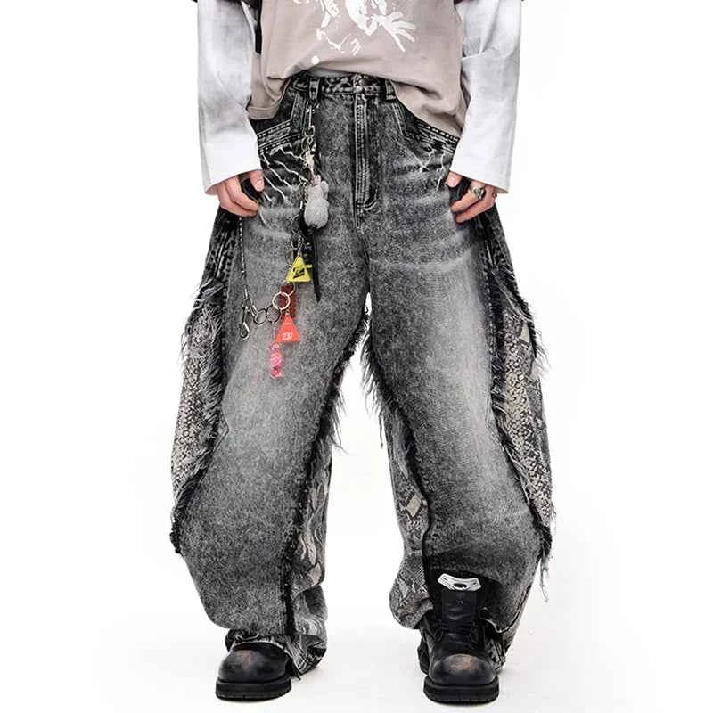 Men Classic Cut Burr Patchwork Baggy Jeans