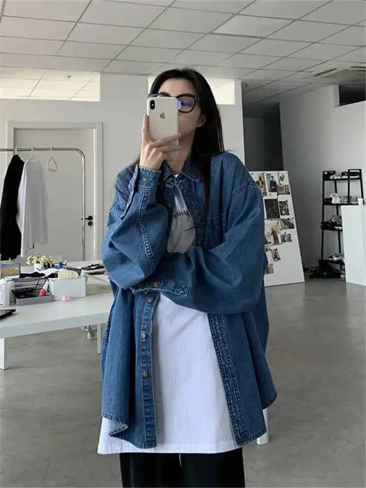 Cozy Niche Loose Retro Deep Blue Denim Shirt