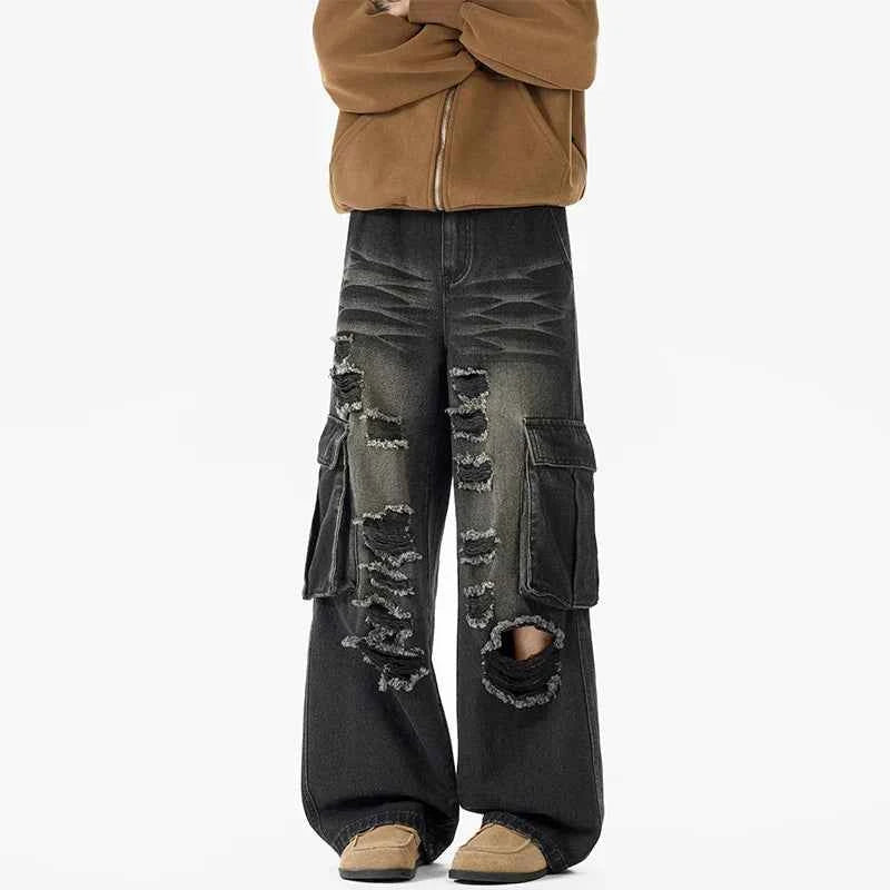 Camouflage Loose Ripped Straight Leg Cargo Jeans