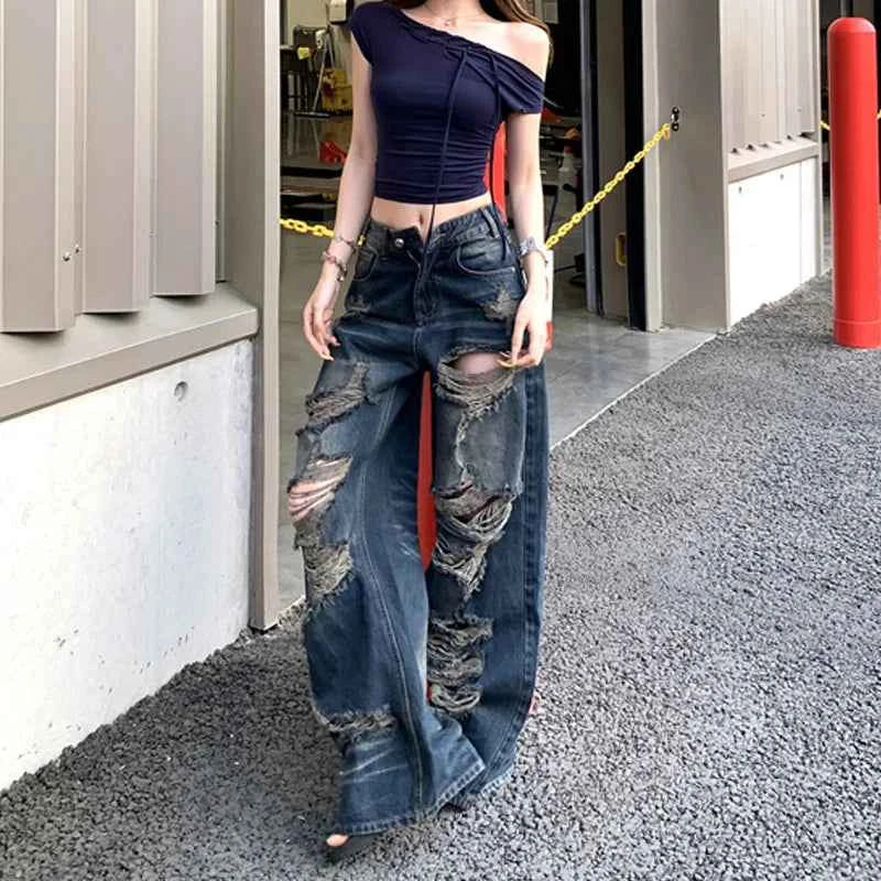 Breathable Washed Ripped High-Waist Jeans