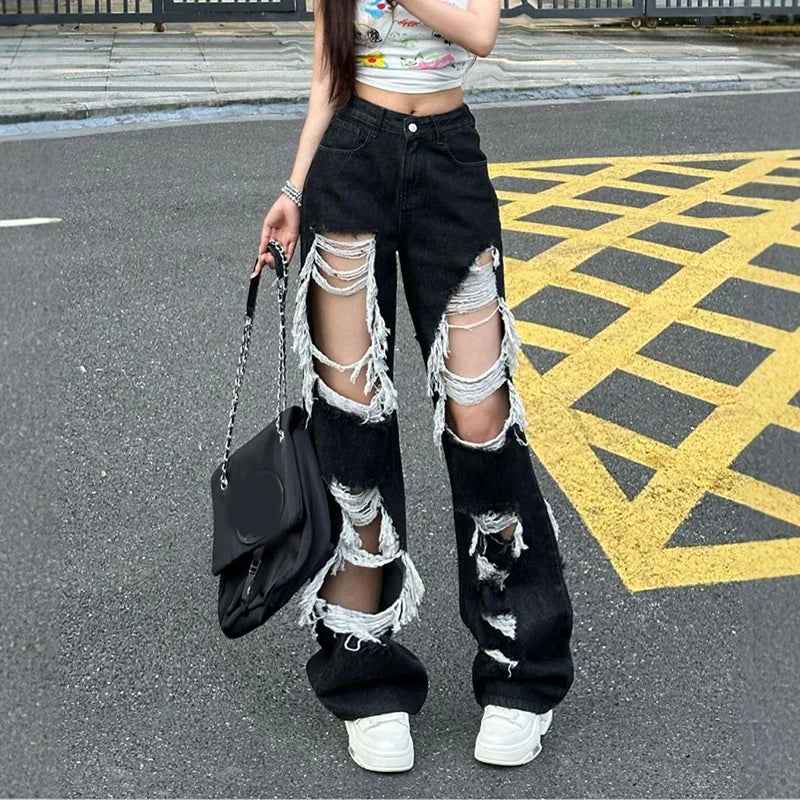 Elevated High Waist Ripped Gothic Denim Jeans