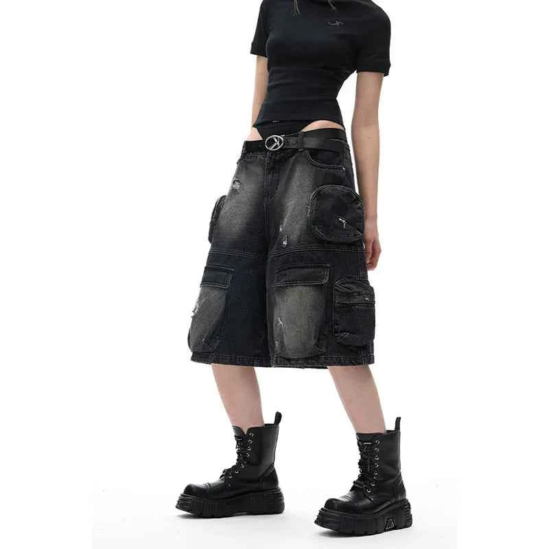Streetwear Casual High Waist Black Vintage Denim Jorts
