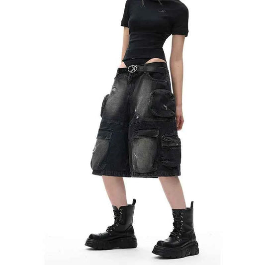 Streetwear Casual High Waist Black Vintage Denim Jorts