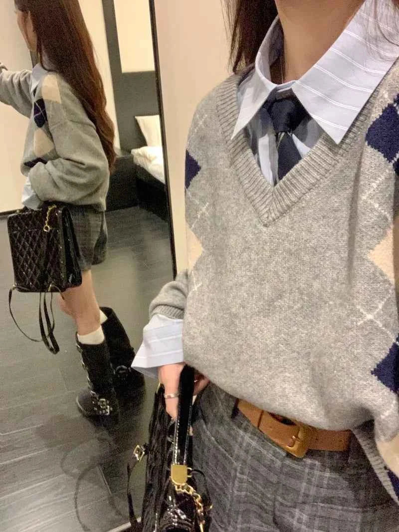 Women Vintage Argyle Gray Oversized Sweater