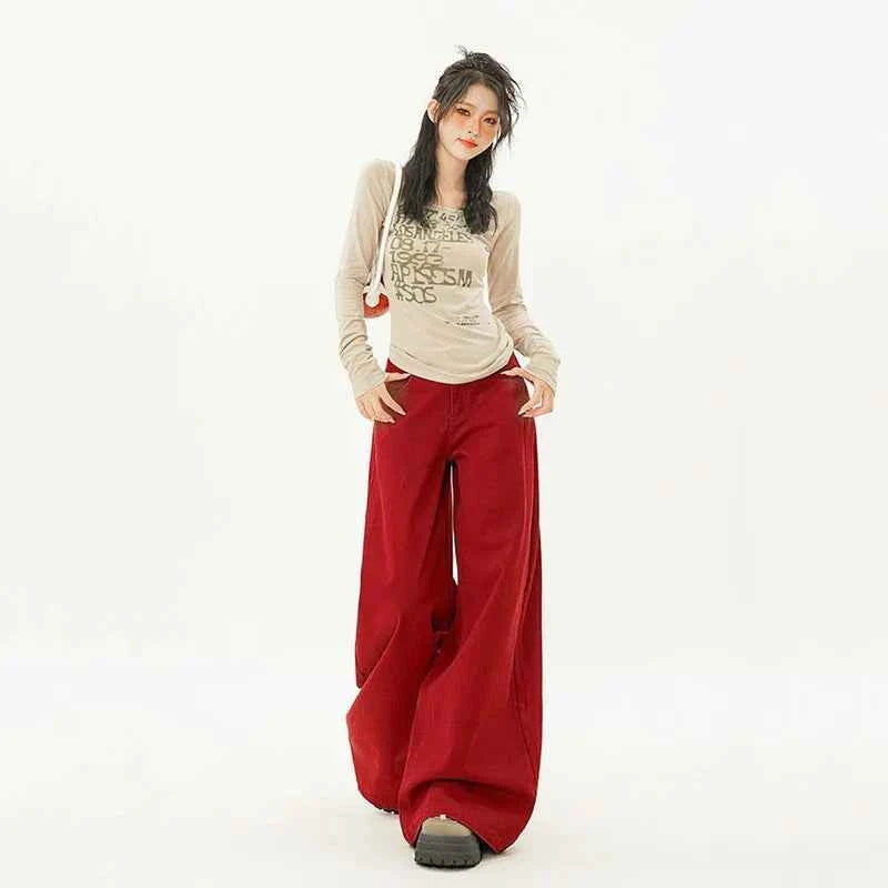 Trendy Cute Oversized Red Baggy Wide Leg Jeans