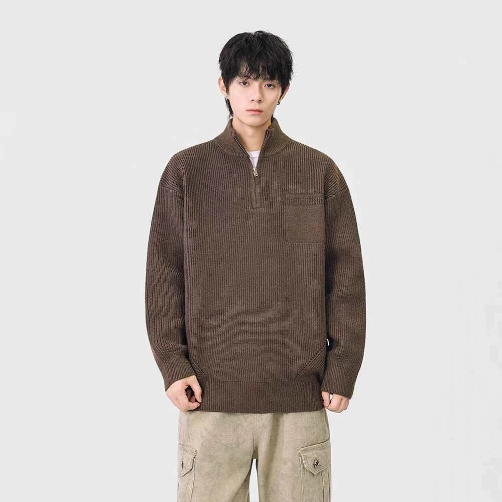 Soft Ribbed Knit Mock Neck Half Zipper Sweater