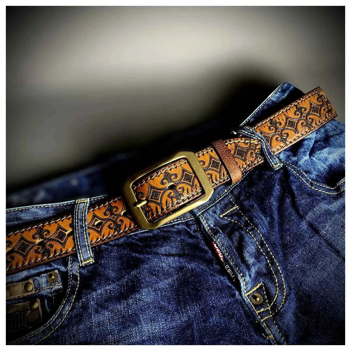 Retro Handmade Brown Leather Engraved Belt